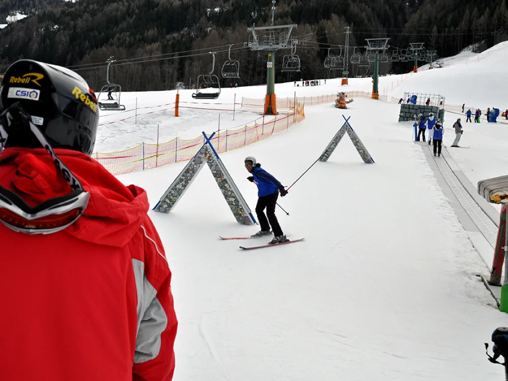 Skifahrer fährt durch das Holztor des Parcours.